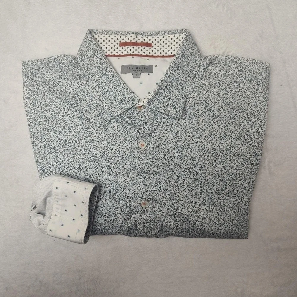 Ted Baker Shirt Mens XL White Blue‎ Floral Long Sleeve Button Up Casual